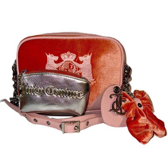 **SOLD** Juicy Couture Hollyhock Peach Velour Crossbody Camera Bag Pink PU - Picture 12 of 14